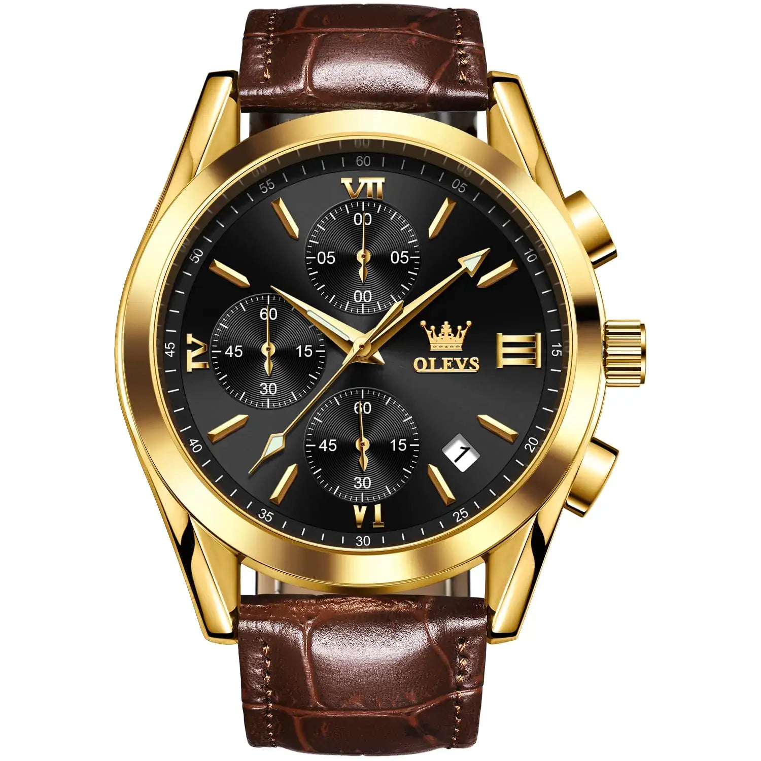 OLEVS men's watch with brown leather strap, gold case, large black dial, and luminous features for casual or business wear.