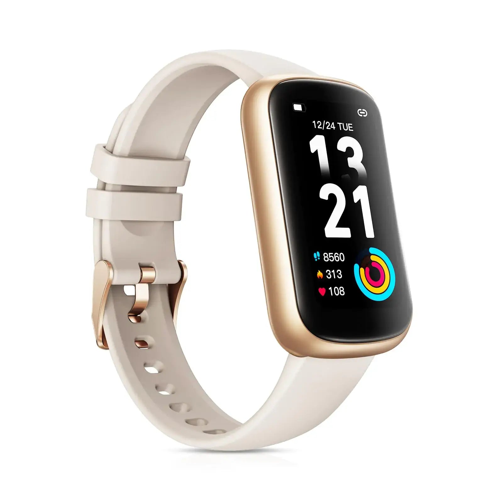 L brand affordable womens watches white band gold case side view with fitness tracking