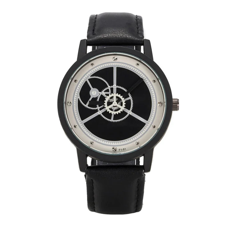L brand affordable gear watches model F1-51 with black leather strap and black dial showing gear design front view