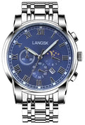 HUNRUY men's stainless steel quartz watch with luminous hands, blue accents, and waterproof design, displayed on a wrist.