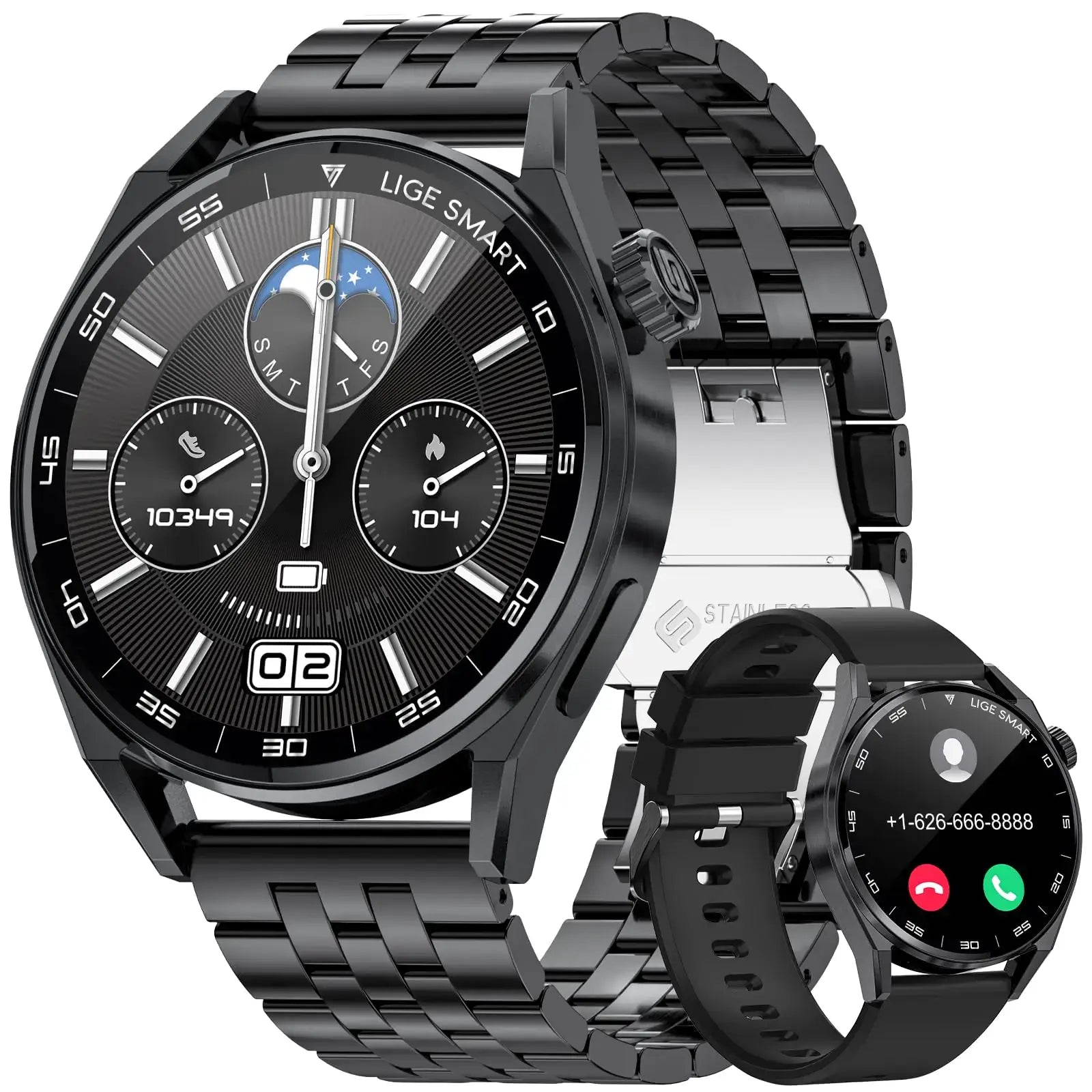 L Smart Watch for Men with Bluetooth, IP68, heart rate monitor, and pedometer, compatible with Android and iPhone.