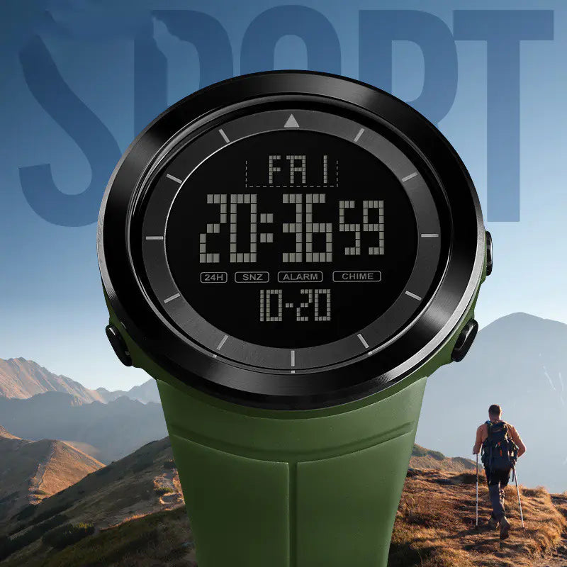 L brand outdoor sports digital watch front view with black face and green band