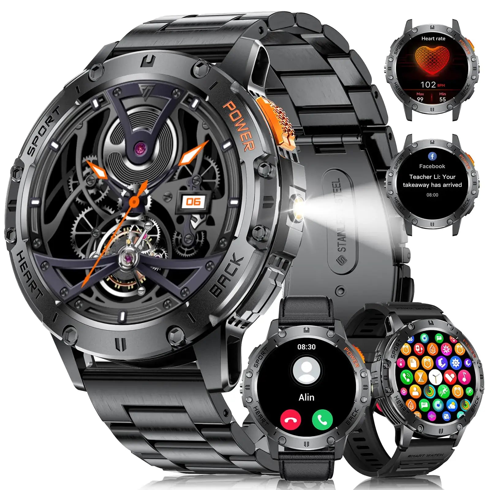 L brand premium affordable watches black metal smartwatch side view with flashlight