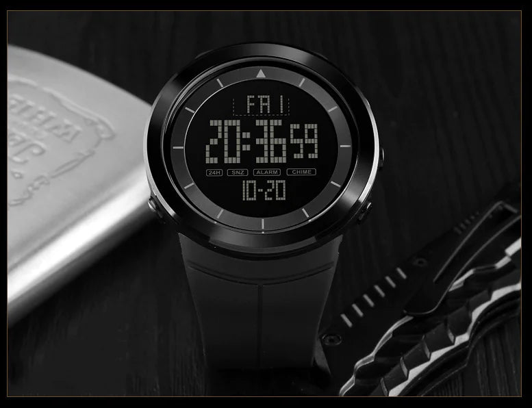 L black outdoor sports digital watch front view with large clear display