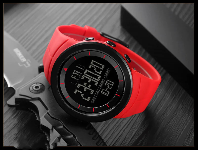 L brand outdoor sports digital watch red front view with day and time display