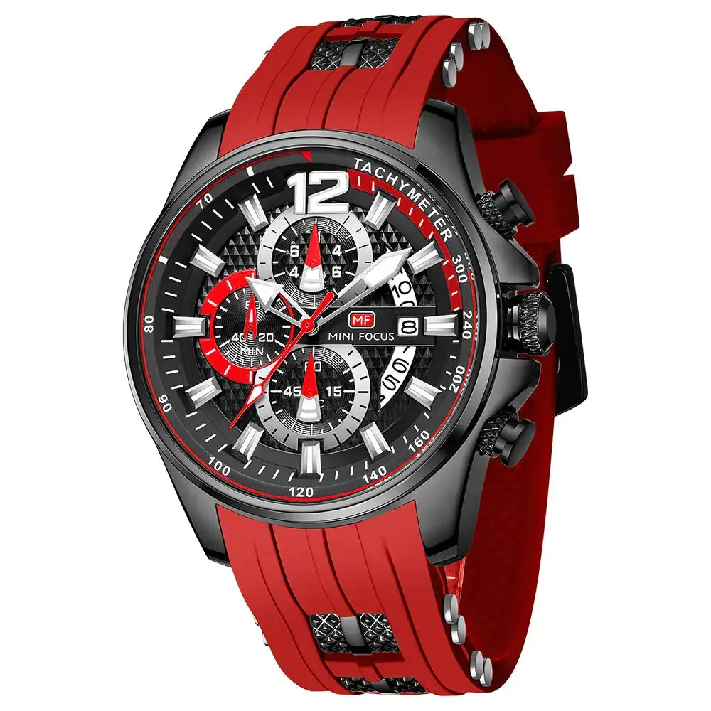 Mini Focus red-black men’s watch with silicone band, chronograph, waterproof features, and luminous display.