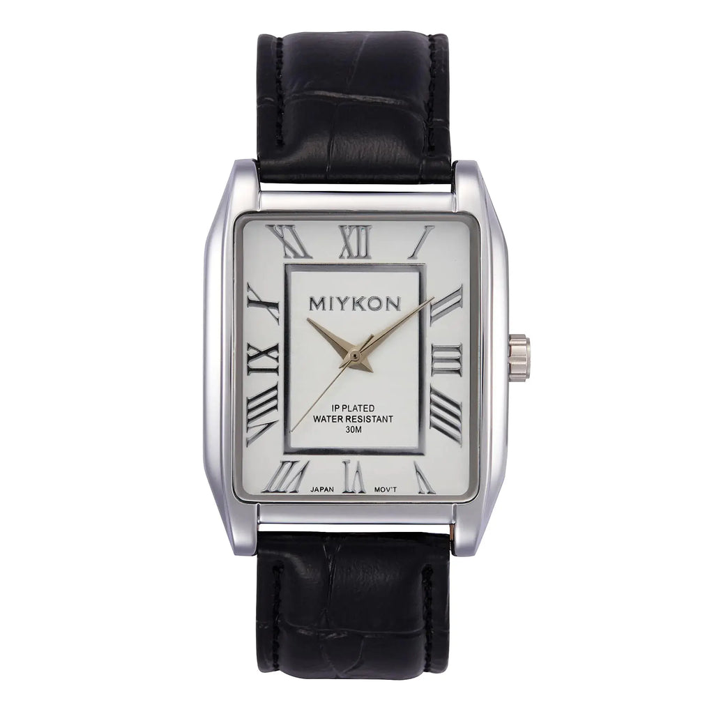 Classic rectangular black leather strap watch for men with silver case, white dial, and Roman numerals.