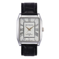 Classic rectangular black leather strap watch for men with silver case, white dial, and Roman numerals.