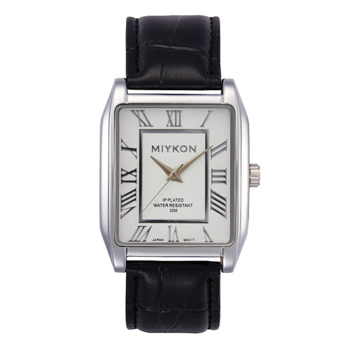 Classic rectangular black leather strap watch for men with silver case, white dial, and Roman numerals.