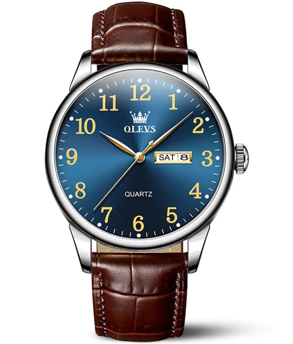 OLEVS brown leather analog watch for men with blue big dial, luminous features, and three hands for easy reading.