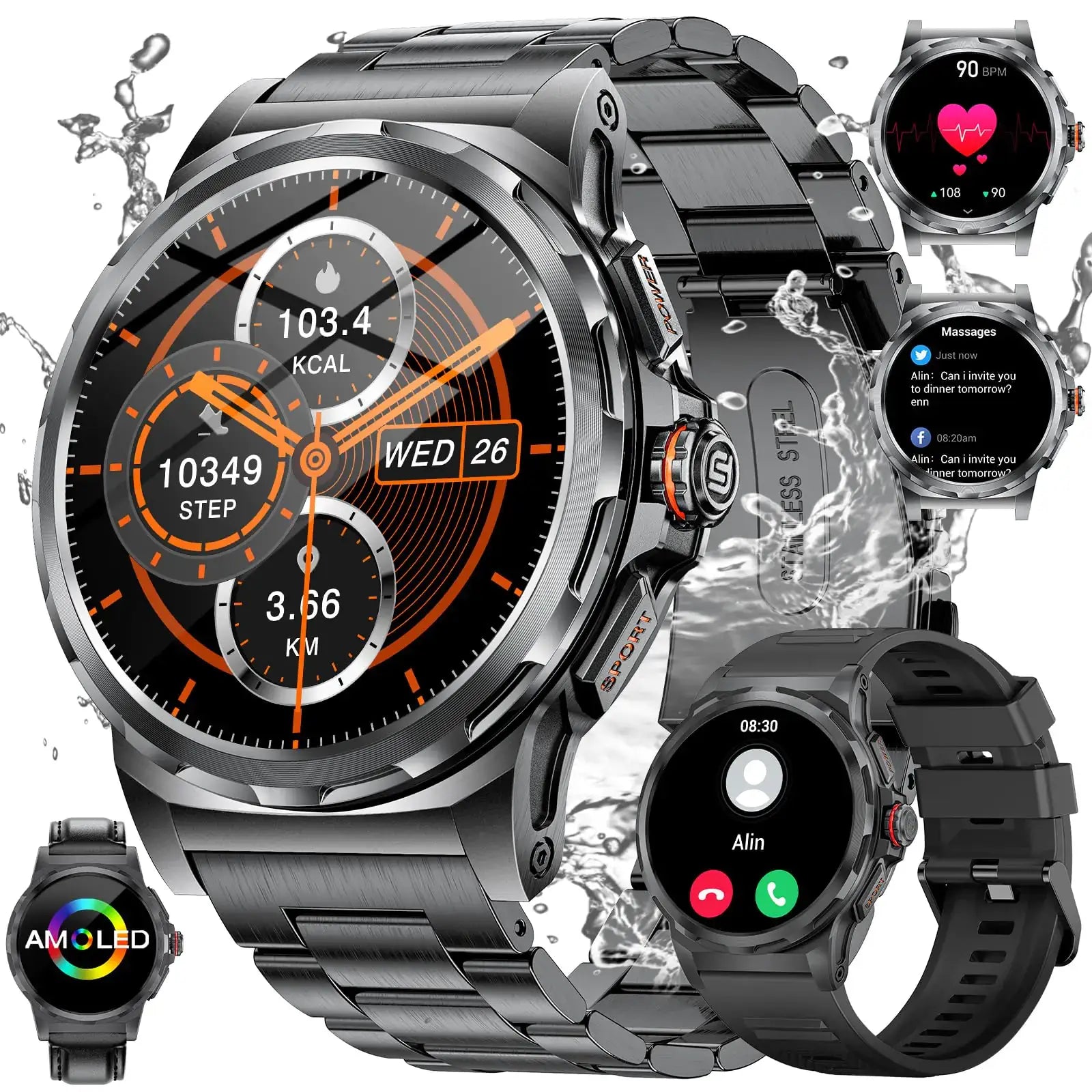 HIRREO military smart watch for men with three straps, 1.43" AMOLED display, monitoring blood pressure and heart rate.
