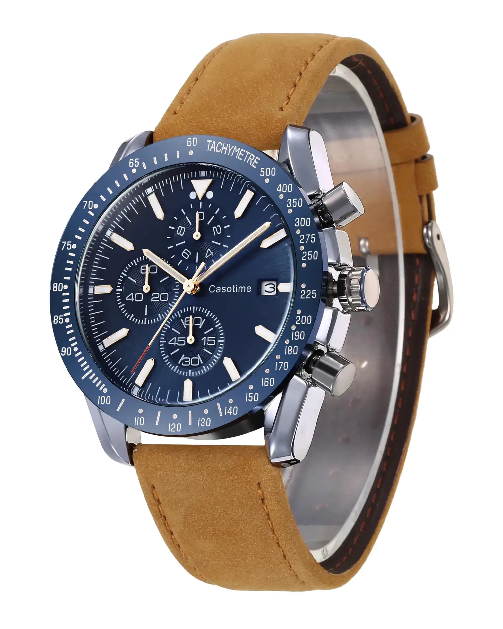 Men's L Casotime leather chronograph watch with big face, analog display, and 30M waterproof feature. Casual and elegant style.