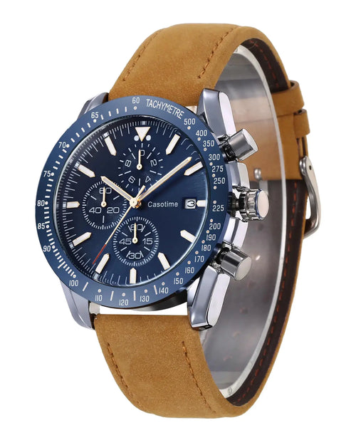Men's L Casotime leather chronograph watch with big face, analog display, and 30M waterproof feature. Casual and elegant style.