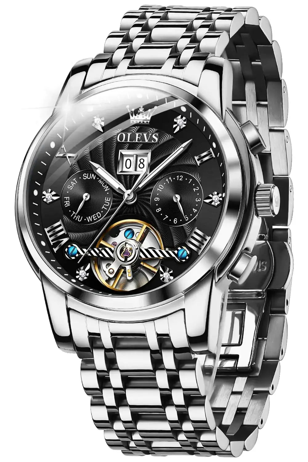 OLEVS men's automatic watch featuring a diamond skeleton design, silver and black colors, and luminous dial.