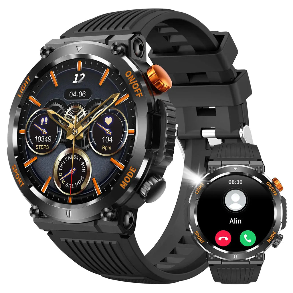L Military Smart Watch for Men featuring outdoor design, LED flashlight, compass, and fitness tracking capabilities.