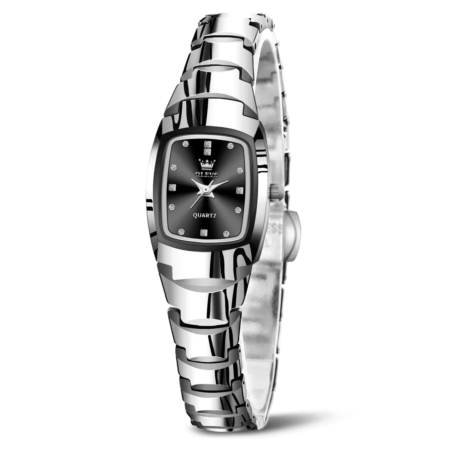 L brand small square face womens watch silver tone side view quartz