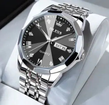 OLEVS men's watch by L featuring a sleek design and stainless steel band against a neutral background.