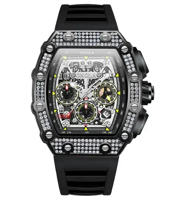 ONOLA men's watch by Wristly featuring a sleek design with a black dial and silver stainless steel band.