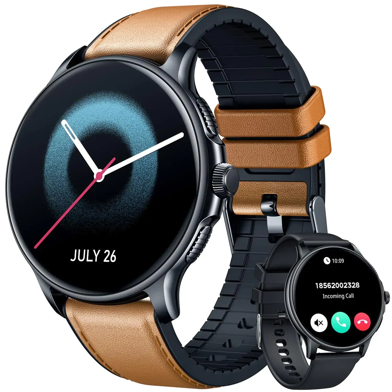 Men's L smartwatch with 1.43" AMOLED display, Bluetooth call, IP68 waterproof, and fitness tracking features.