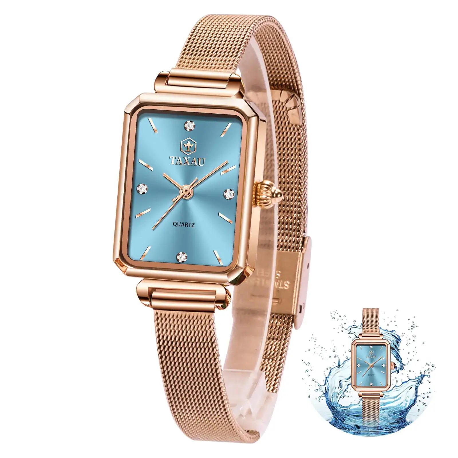 L brand rose gold affordable quality watches with blue dial and mesh band side view