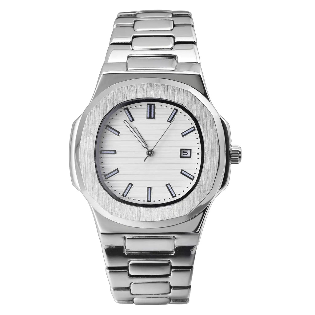L brand men's stainless steel luxury watch front view with date display