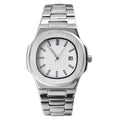 L brand men's stainless steel luxury watch front view with date display