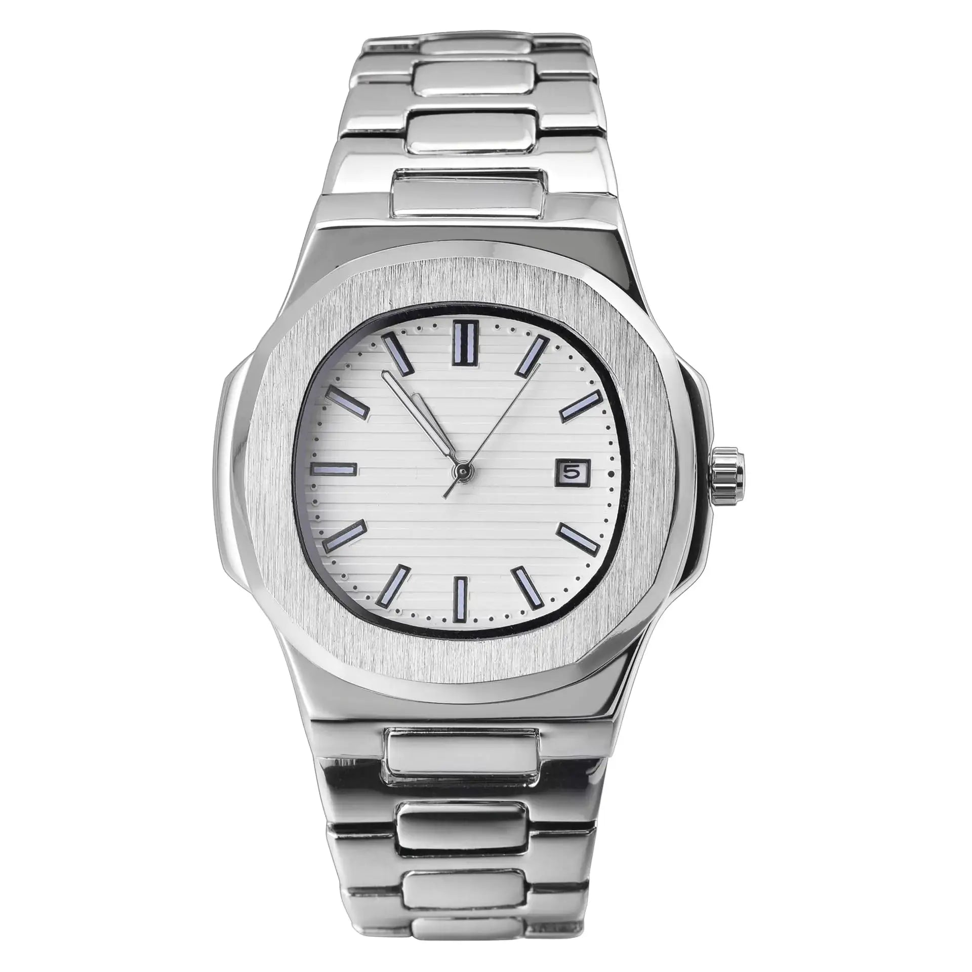 L brand men's stainless steel luxury watch front view with date display