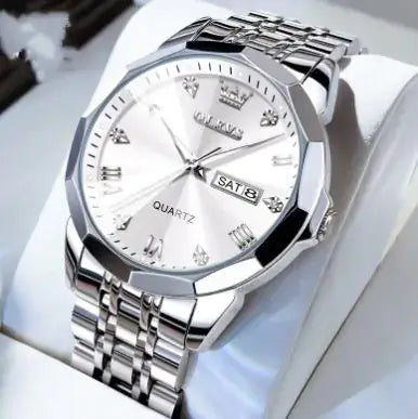 OLEVS men's watch by L featuring a sleek silver case and black leather strap, showcasing a classic dial design.