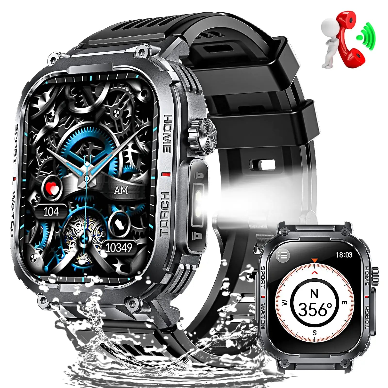 L military smart watch for men featuring a 2.02" screen, Bluetooth, compass, and waterproof design.