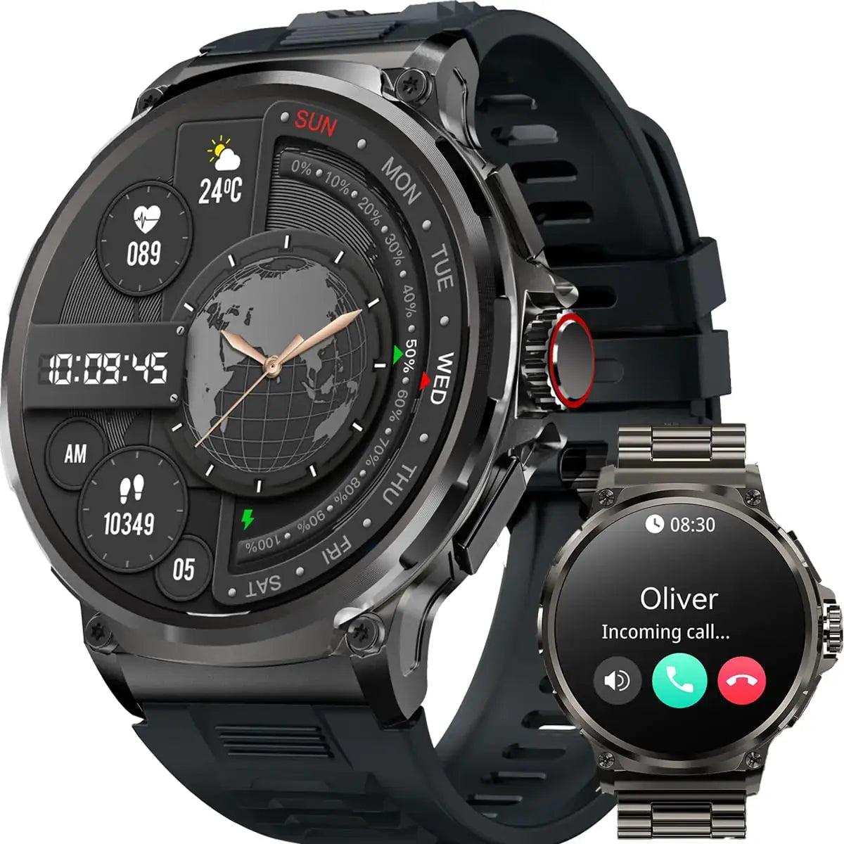 L brand premium affordable watches black and silver smartwatches side view with fitness and call features