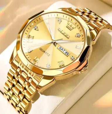 OLEVS men's watch by L featuring a sleek design with a round face and stainless steel strap.