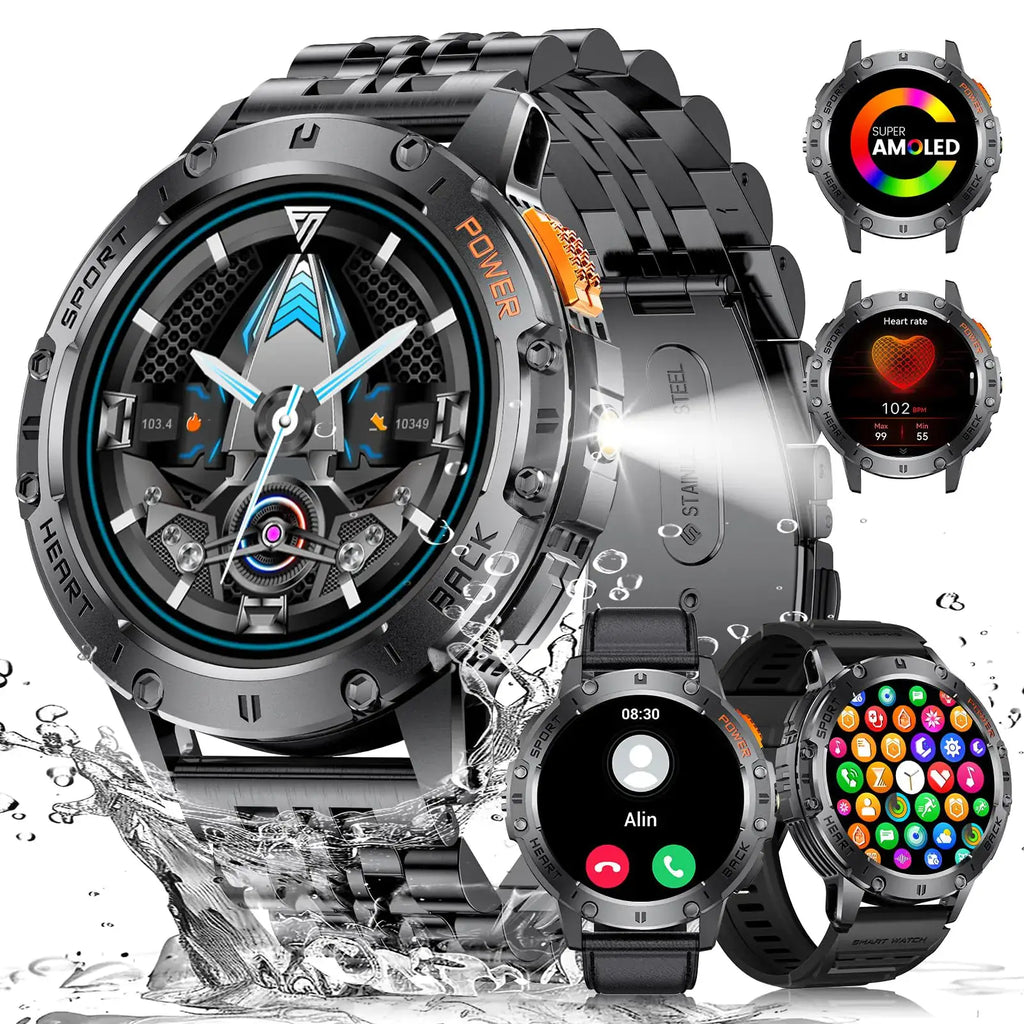 L ESFOE Smart Watch for Men with AMOLED display, three straps, and 5ATM waterproof fitness tracking features.