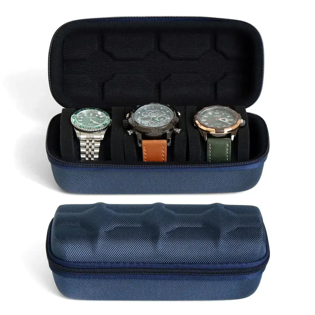 Blue Besforu hard watch box organizer for men and women, 3-slot travel case for wristwatches and smartwatches.