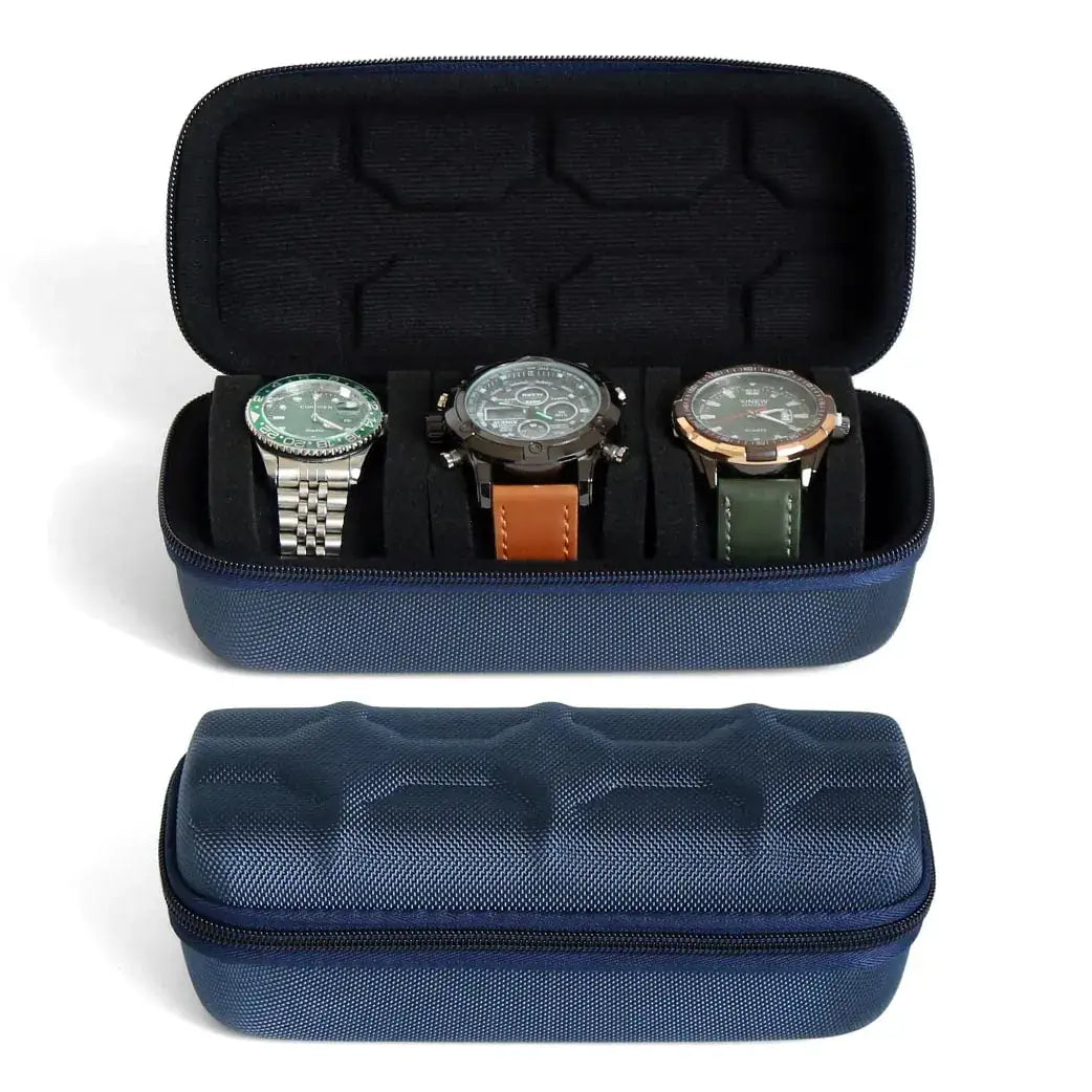 Blue Besforu hard watch box organizer for men and women, 3-slot travel case for wristwatches and smartwatches.