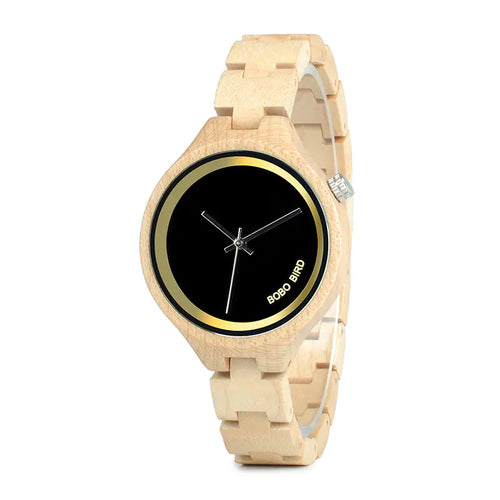 L Bobo Bird men's wooden watches business casual model with light wood band and black dial front view