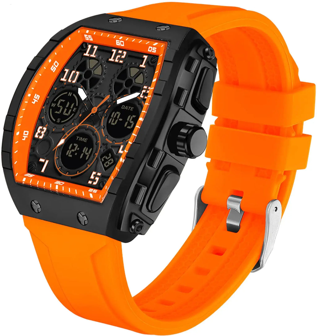 L Designer Men's wristwatch with unique orange rectangle dial, digital analog display, and waterproof 5ATM feature.