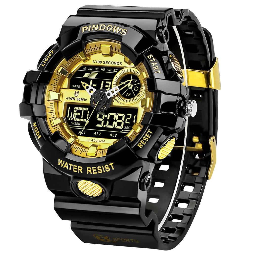 L PINIDOUS men's digital sport watch in transparent gold, showcasing multifunctional features and waterproof design.