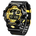 L PINIDOUS men's digital sport watch in transparent gold, showcasing multifunctional features and waterproof design.