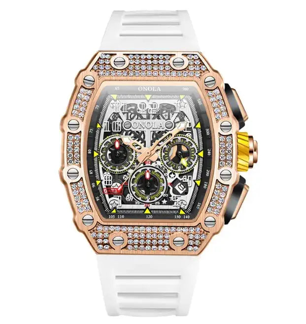 ONOLA Men's Watch by Wristly featuring a sleek design with a black dial and silver stainless steel band.