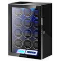 L SNEOLTJN 12-slot watch winder featuring fingerprint unlock, LED illumination, and touchscreen control in black.