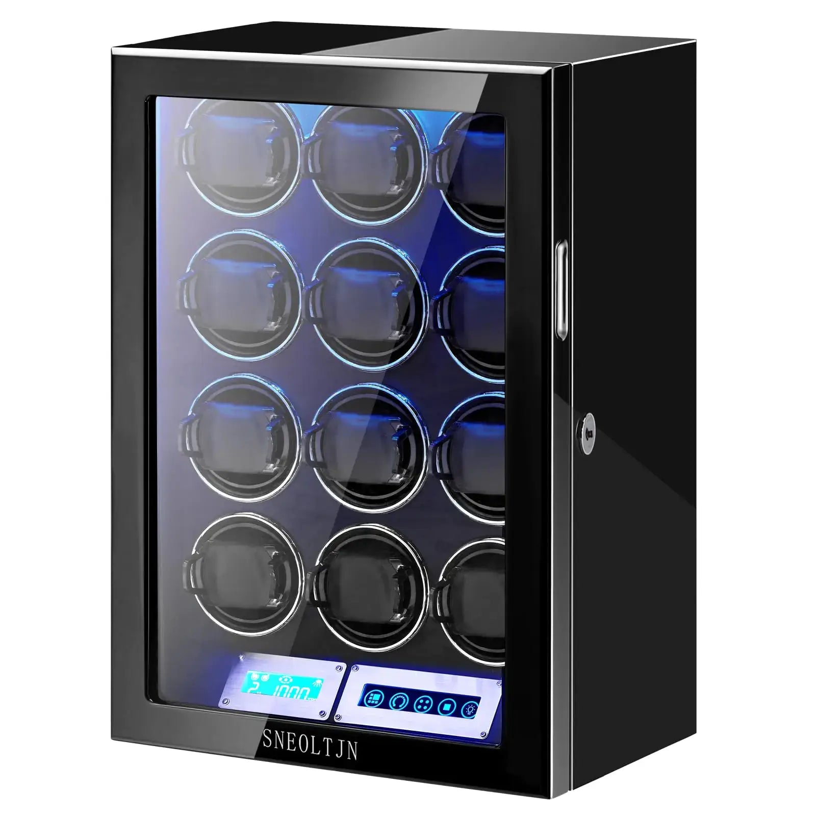 L SNEOLTJN 12-slot watch winder featuring fingerprint unlock, LED illumination, and touchscreen control in black.