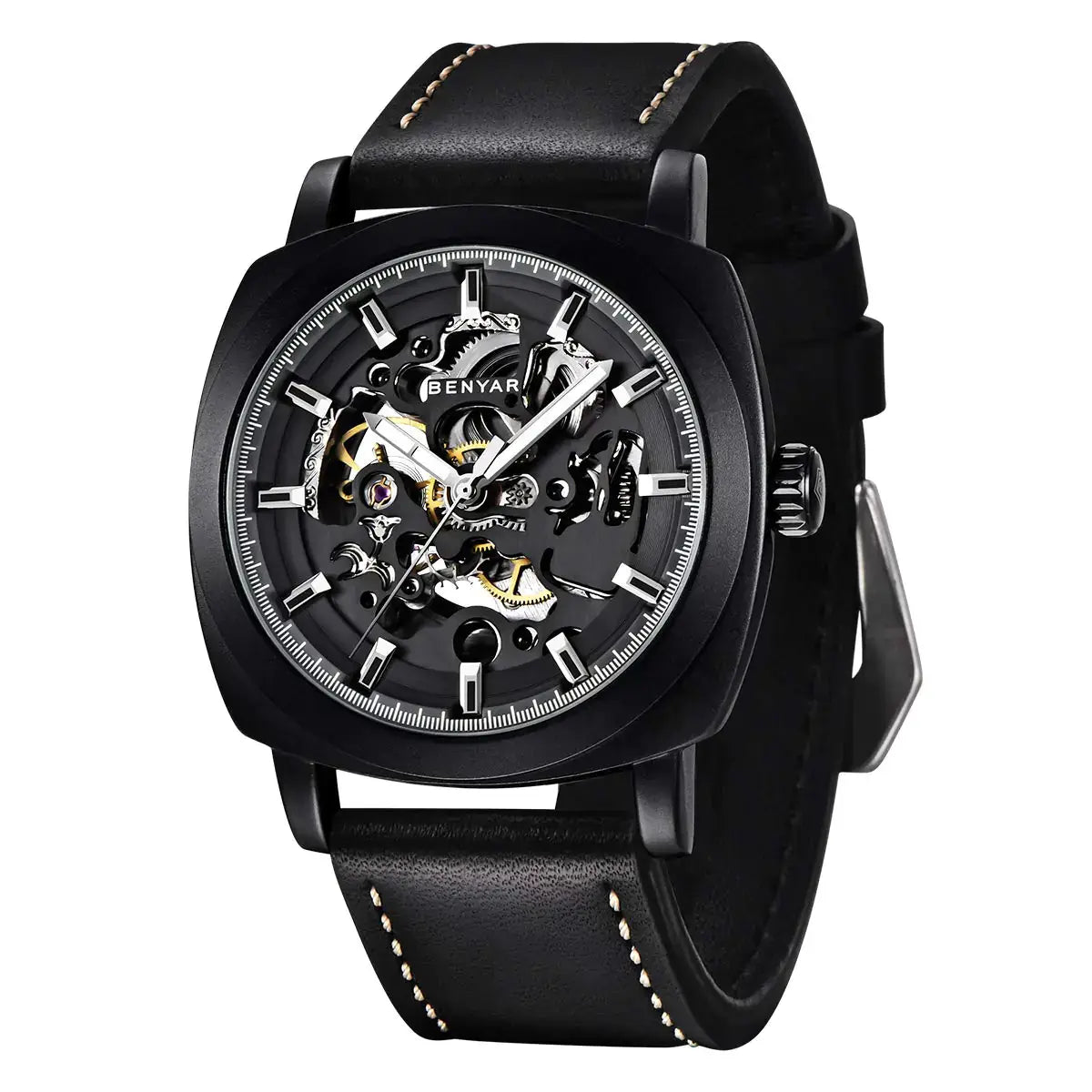 Benyar men's automatic watch with skeleton dial, leather strap, 45mm, and 30M waterproof design.