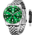 OLEVS green men's watch with large silver dial and stainless steel band, designed for dress and casual occasions.