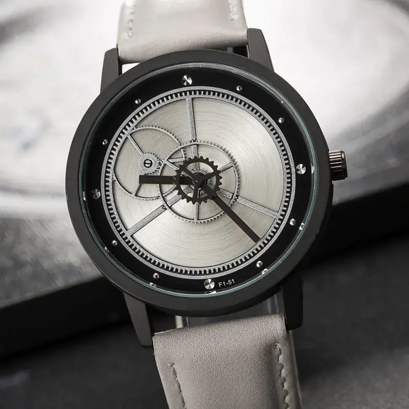 L brand affordable gear watches model F1-51 with silver mechanical dial and black case front view with gray leather strap