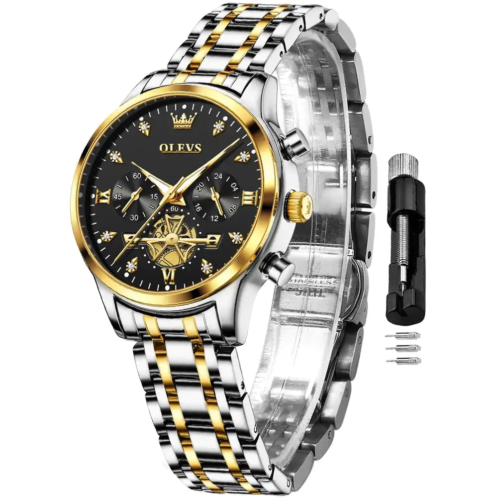 Black OLEVS women's analog quartz watch with diamond accents, stainless steel band, and luminous features.