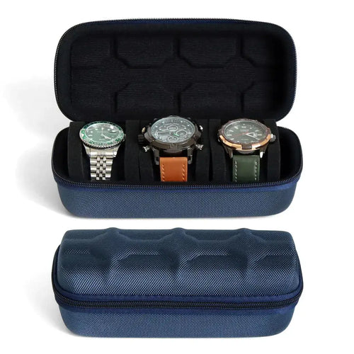 Blue Besforu hard watch box organizer with 3 slots for wristwatches and smartwatches up to 55mm in size.
