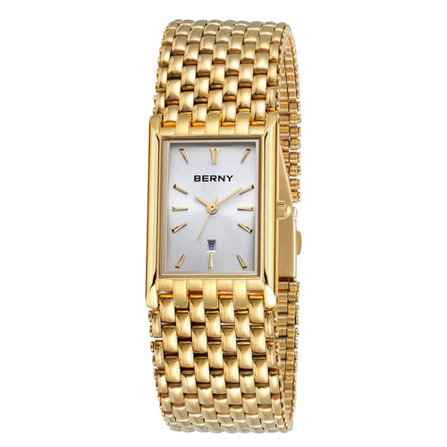 BERNY gold men's watch with date window, Japanese quartz movement, white dial, waterproof, luxury casual design.