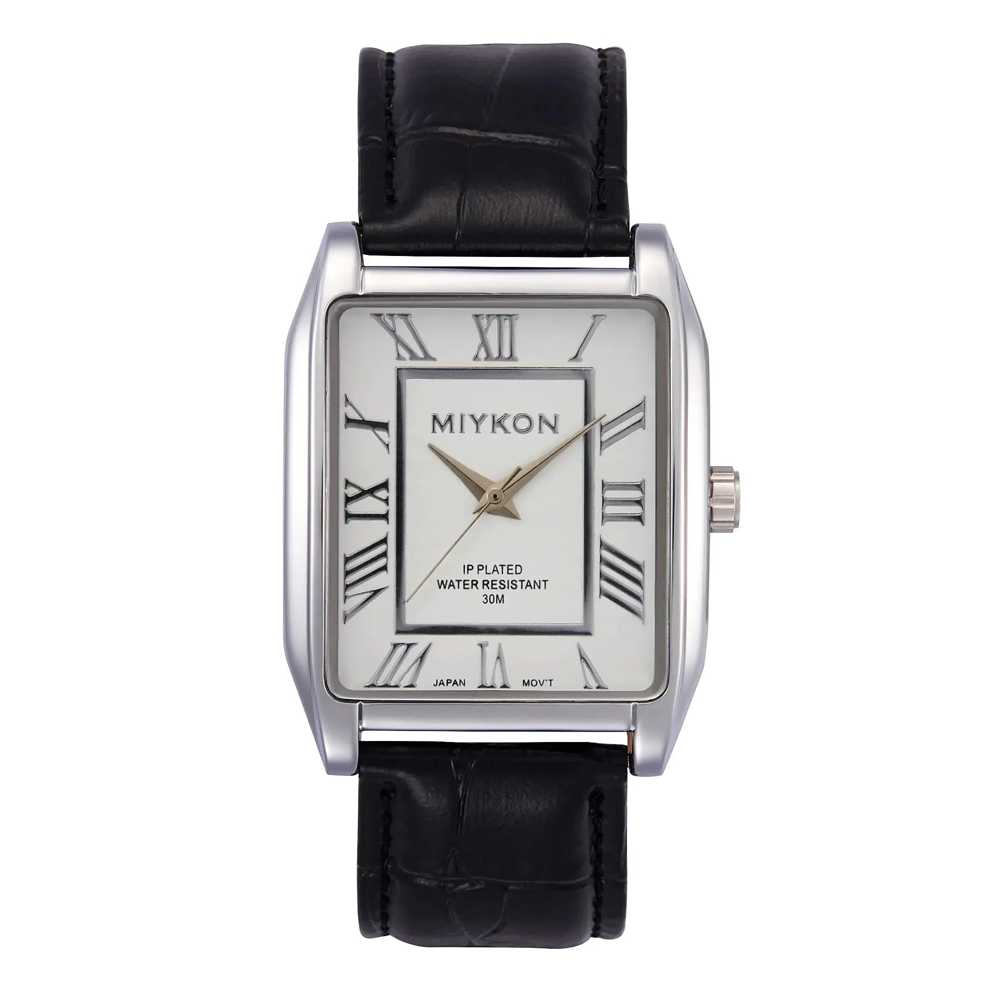 Classic rectangular black leather strap watch for men with silver case, white dial, and Roman numerals.