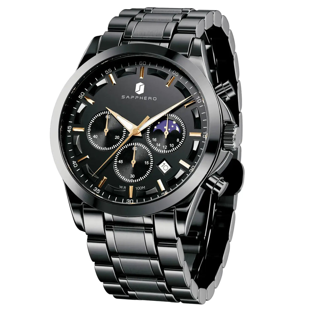 L men's stainless steel analog watch with quartz chronograph and date display, featuring a waterproof design for casual or business wear.