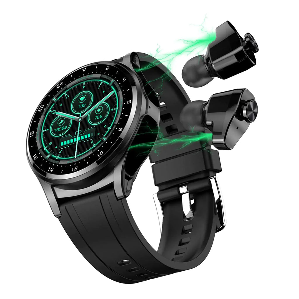 ATEVIX smart watch with earbuds, ultra-thin metal body, displaying fitness tracking features and Bluetooth connectivity.